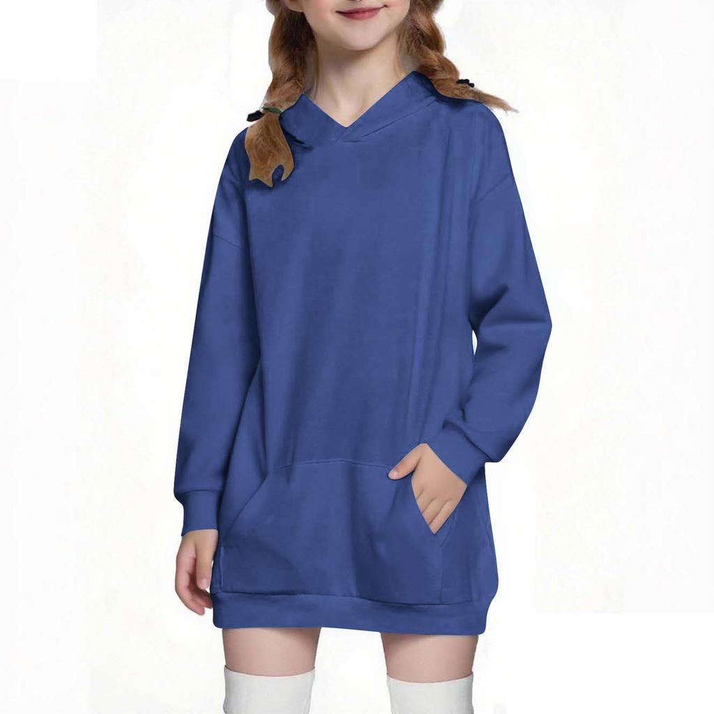 Children's Fashion Solid Color Long Sleeved Hooded Sweatshirt Girls' Mid Length Hoodie Top