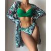Women Floral Print Bikinis Set Sexy Three Piece Beach Cover Up Push Up Summer Long Sleeve Twist Swimwear Bathing Suit