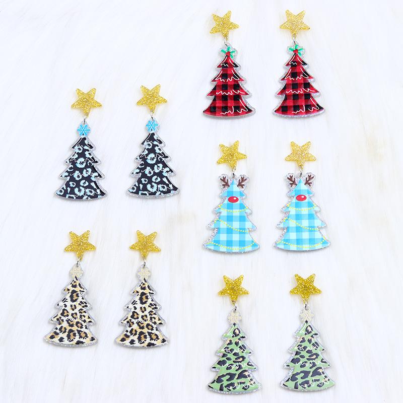 Универсальные женские рождественские серьги: Пятиконечная звезда, Леопардовый принт, Рога, Акриловые подвески-снежинки