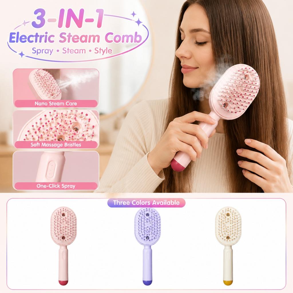 Electric Steam Hair Brush Three in One Detangling Comb with Spray Function and Massage Bristles for Hair Care Styling Tools