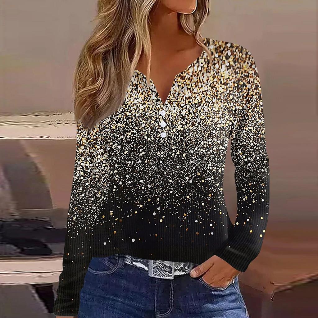 Женская футболка с принтом на пуговицах, длинный рукав, вязаный свитер, повседневный, модный, на выходные, базовый, с V-образным вырезом, обычный топ