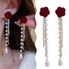 Серьги-кисточки с жемчугом и бантом из красного вина для женщин, элегантные, модные, роскошные, длинные серьги-кисточки с красным цветком розы, ювелирные подарки