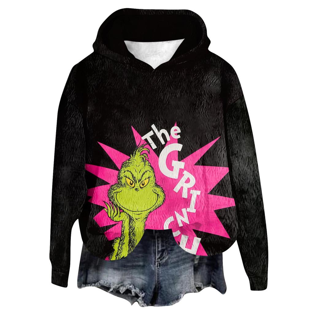 Women's Hooded Long Sleeve Christmas Printed Flannel Top Hooded Sweatshirt