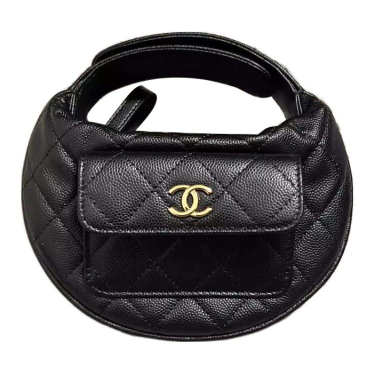 Chanel 23b Diamond Pattern Hula Hoop Gold Buckle Strapless Crescent Bag Handbag Grainy Lychee Leather And Caviar Leather Handbag Mini Female Black
