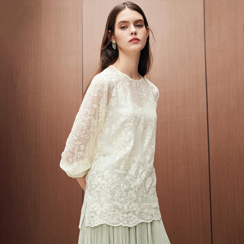 100% Mulberry Silk] 26 Spring Round Neck Heavy duty Embroidered Western Style Loose Perspective Long Sleeve Shirt for Women
