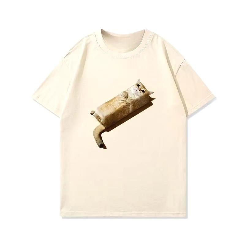 Cat Sandwich Pure Cotton Printed Unisexs and Womens Fashionable Short Sleeved New Personalized Casual Round Neck Tshirt