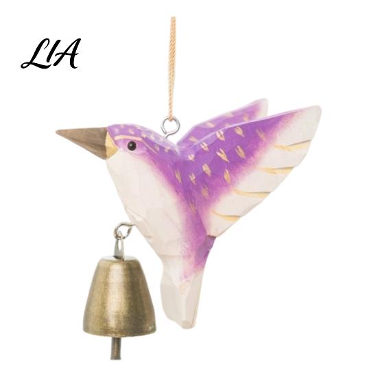 Indoor Window Hanging Decor Hand Carved Wooden Bird Wind Chime, Rustic Bell Symbolic Hummingbird Birthday Gift with Rope, Wood Pendant for Garden Home