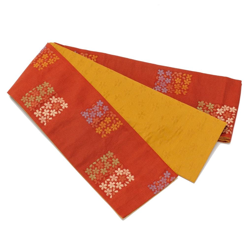 Affordable Obi with Checkered Cherry Blossom Made In Japan Kiryu-ori Half-Width Pattern, (Rust Vermilion)