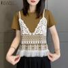 Женская повседневная футболка с круглым вырезом, кружевной вставкой, летняя, с коротким рукавом