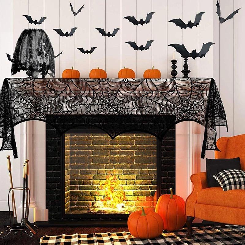 2025 Halloween Decoration Lace Spider Web Skeleton Skull Tablecloth Black Fireplace Mantel Scarf Event Party Supplies