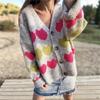 Autumn and Winter Women's Elegant V-neck Button Knit Sweater with Sweet Heart Pattern Contrasting Color Knit Cardigan Sweater for Women