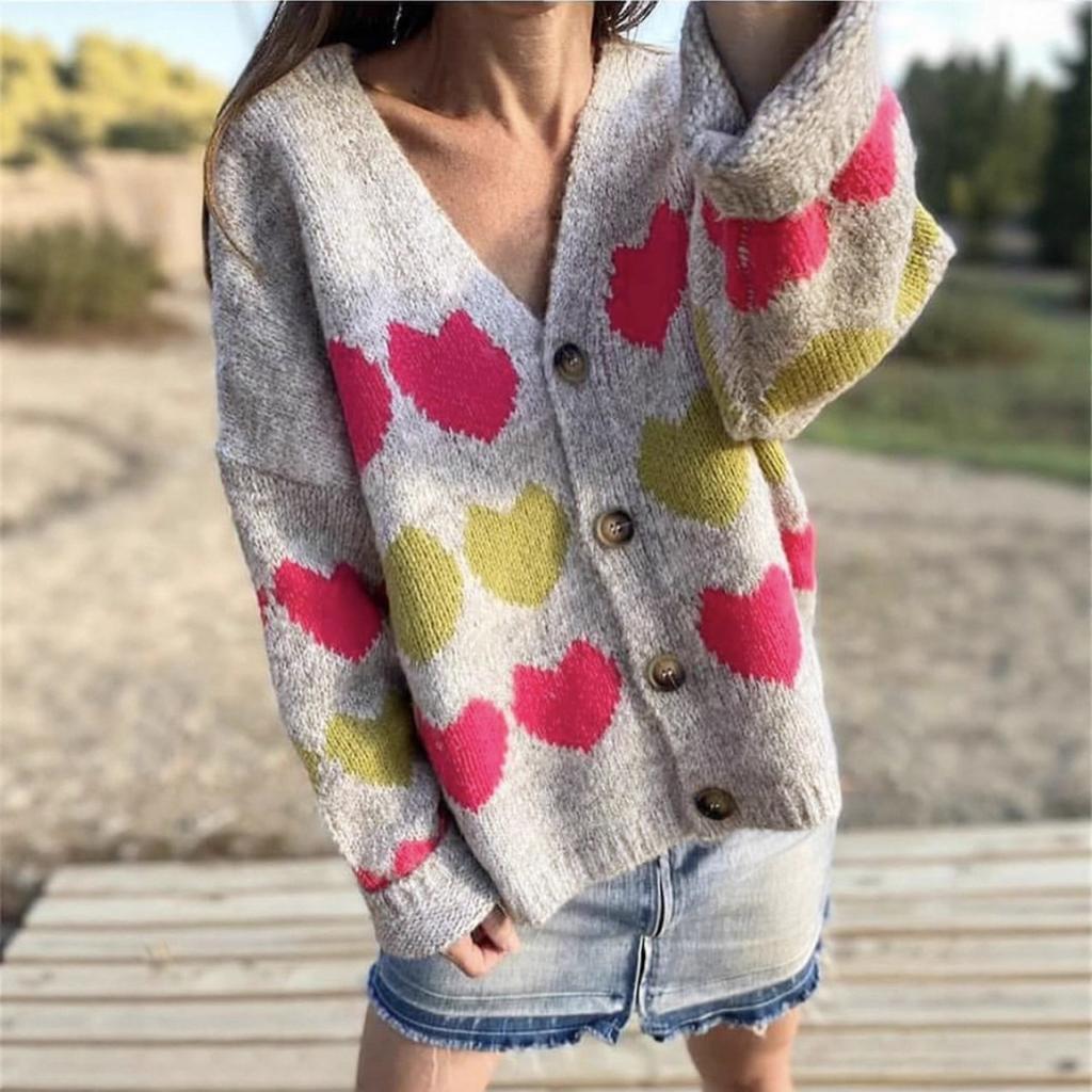 Autumn and Winter Women's Elegant V-neck Button Knit Sweater with Sweet Heart Pattern Contrasting Color Knit Cardigan Sweater for Women