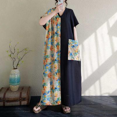 Женское хлопково-льняное ретро платье с коротким рукавом и цветными блоками, приталенного силуэта