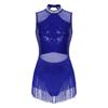 Womens Glittery Rhinestone Dance Dress Fringed Leotard Mesh Patchwork Design Sequined Latin Performance Costume