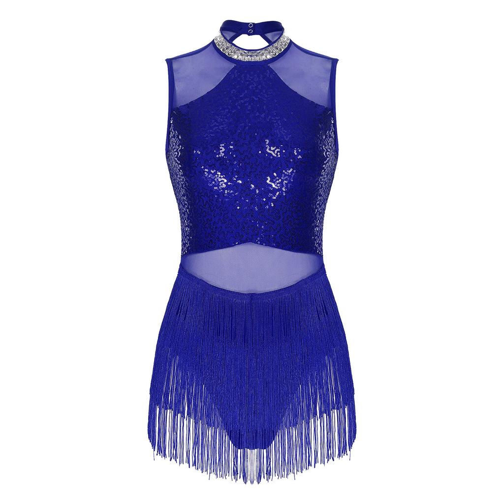 Womens Glittery Rhinestone Dance Dress Fringed Leotard Mesh Patchwork Design Sequined Latin Performance Costume