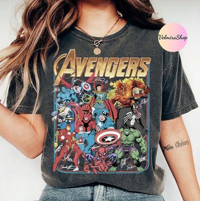 Retro Avengers Disney Marvel Shirt, Spiderman Hulk Iron Man Signature Birthday Boy Birthday Girl, Superhero Marvel Family Group Matching Tee