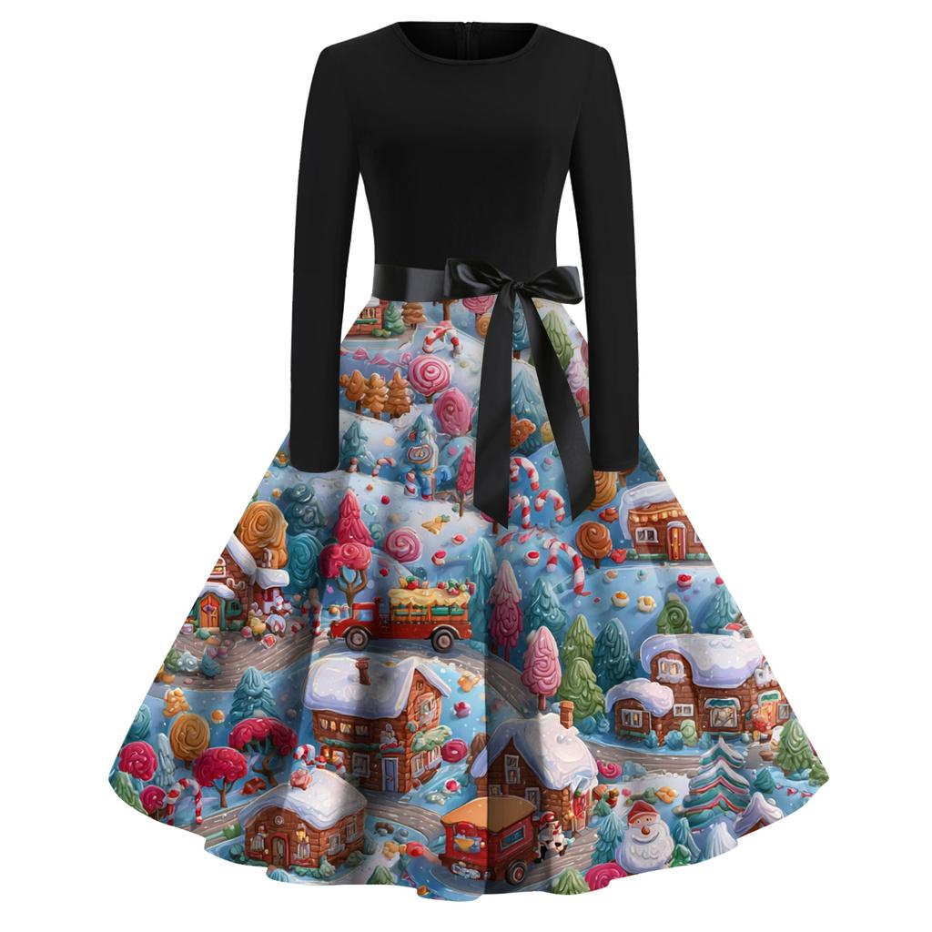 Женское модное повседневное платье с круглым вырезом, рождественским принтом и длинными рукавами
