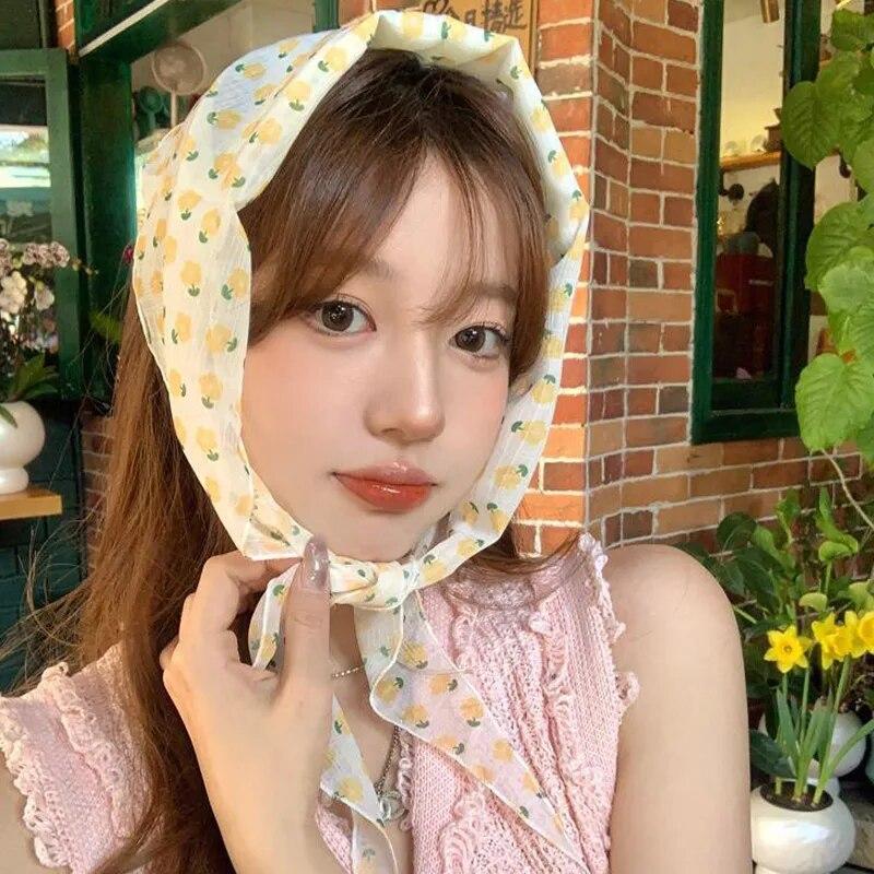 Шарф для волос с цветочным принтом, повязка на голову, бандана, женский летний тонкий шифоновый солнцезащитный платок, ретро треугольный шарф, тюрбан