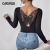 Women's New Elegant Back Hollow Paste Hu Die Lace Long-sleeved Solid-coloured T-shirt Thin Tops