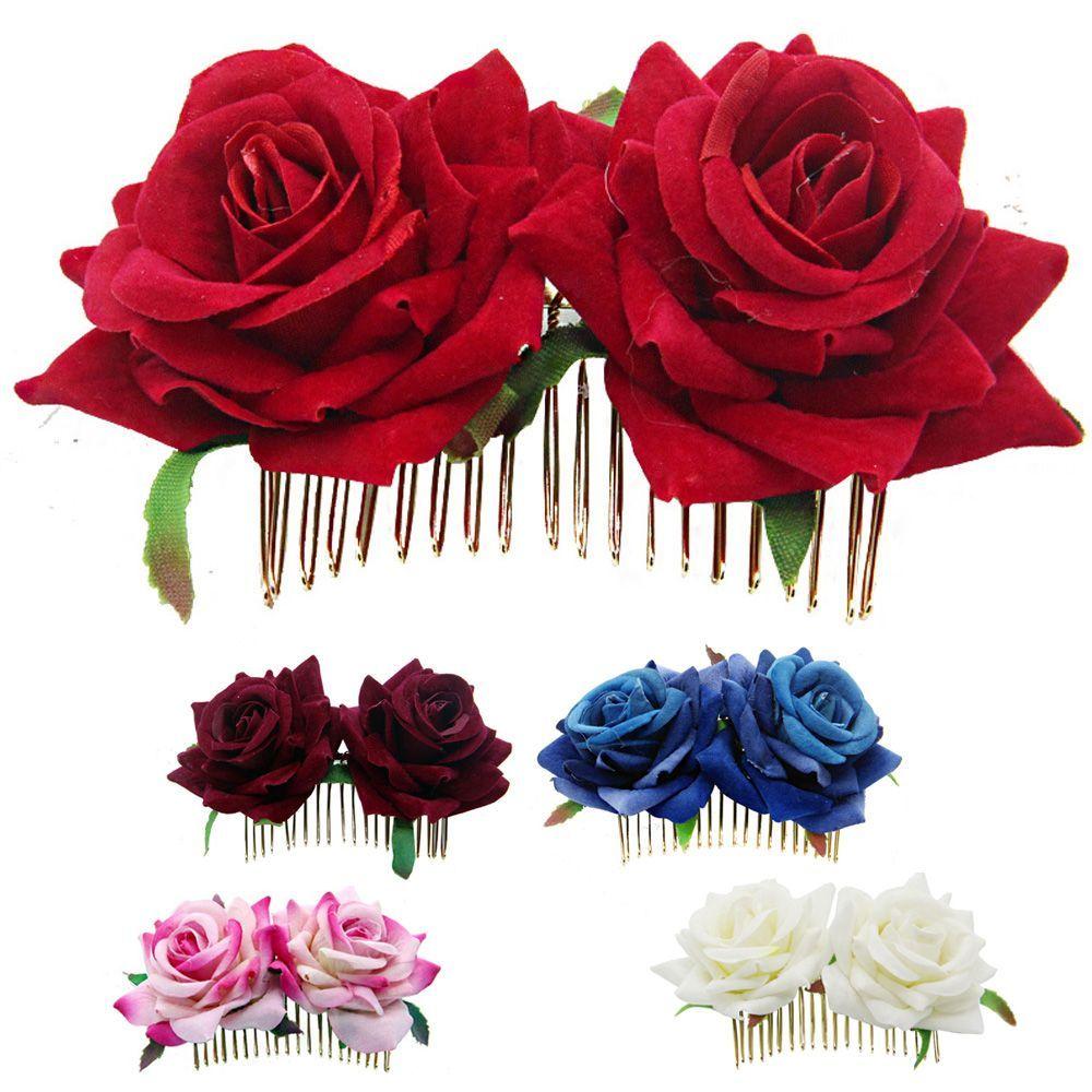 Festival Bridesmaid Hair Jewelry Red Rose Hairpin Bridal Flower Hair Comb Wedding Accessories