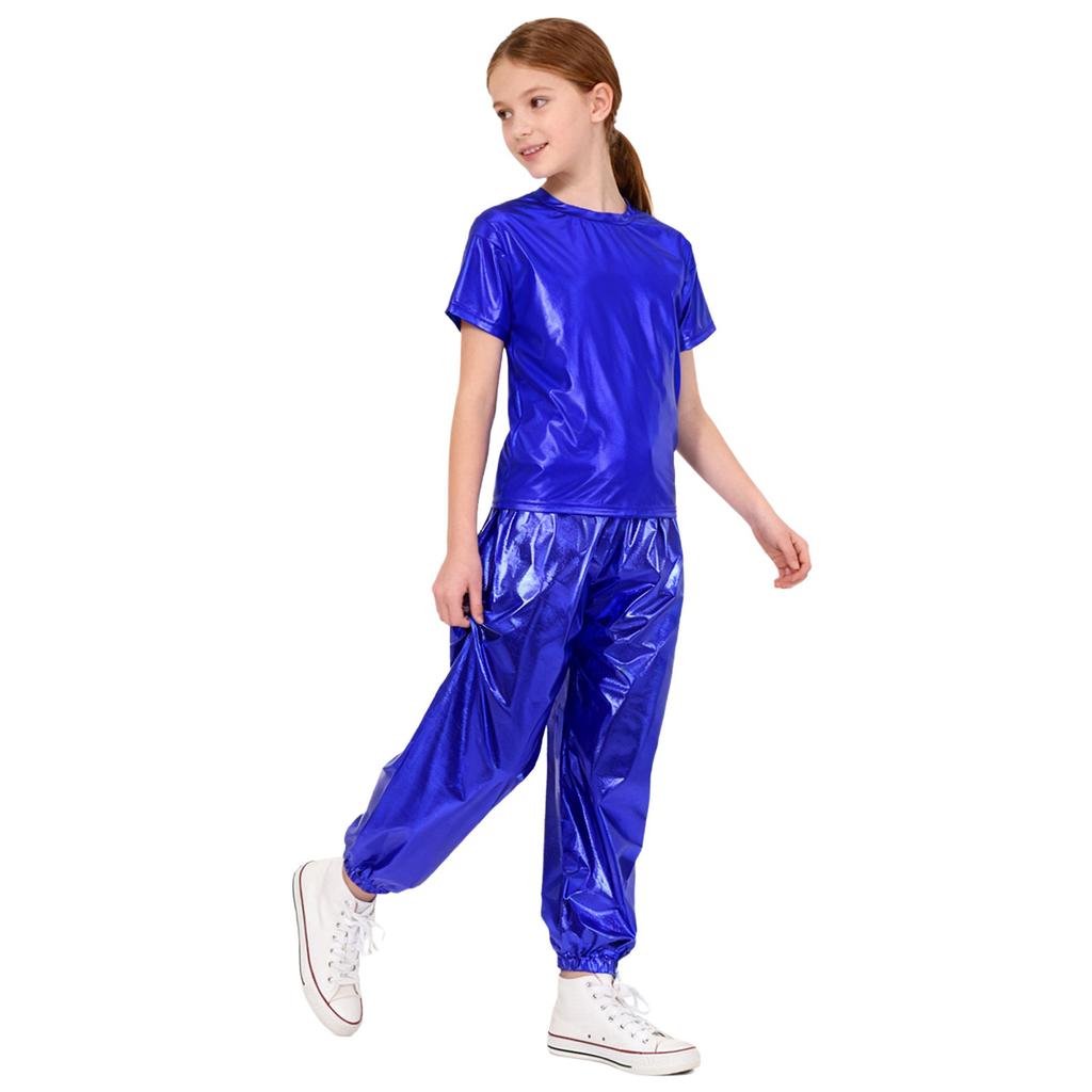 Children Stage Performance Outfit Kids Dance Party Costume Set Metallic Shiny T Shirt with Pants Unisex Ballet Jazz Wear
