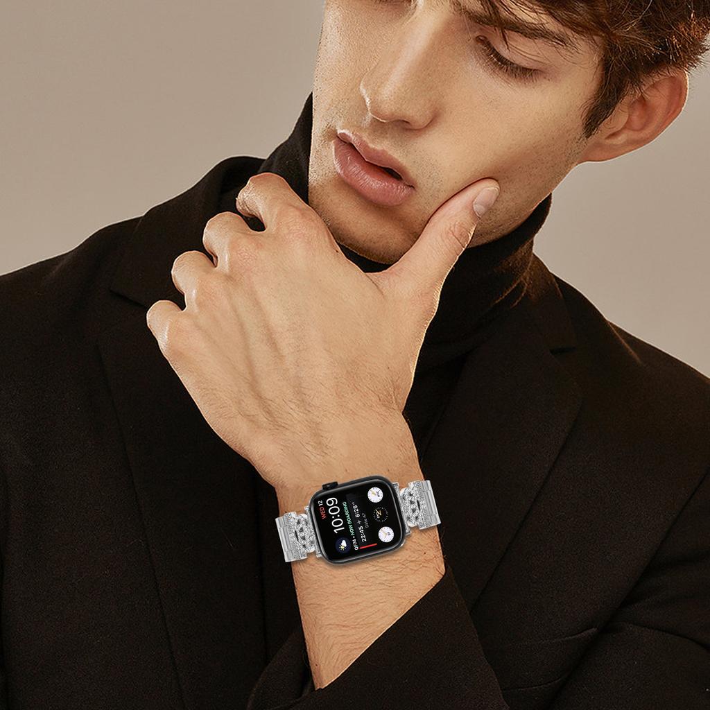 Stainless Steel Strap for Apple Watch Series 10 Ultra 9 8 7 SE 6 5 4 3 2 1 46mm 49mm 45mm 44mm 42mm Crown Shape Rhinestone Decor Silver Watch Band