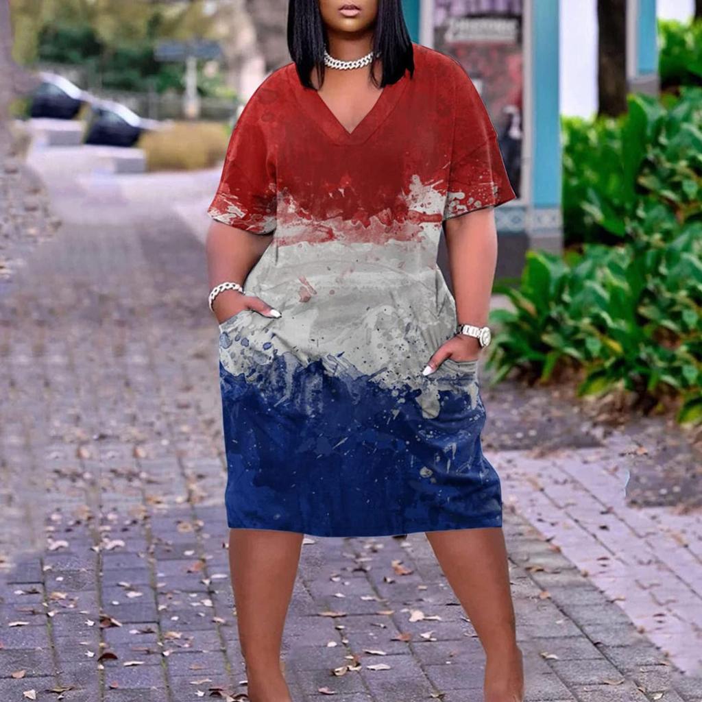 2022 женское летнее платье больших размеров с v-образным вырезом и коротким рукавом с карманом до колена повседневное платье ко Дню независимости