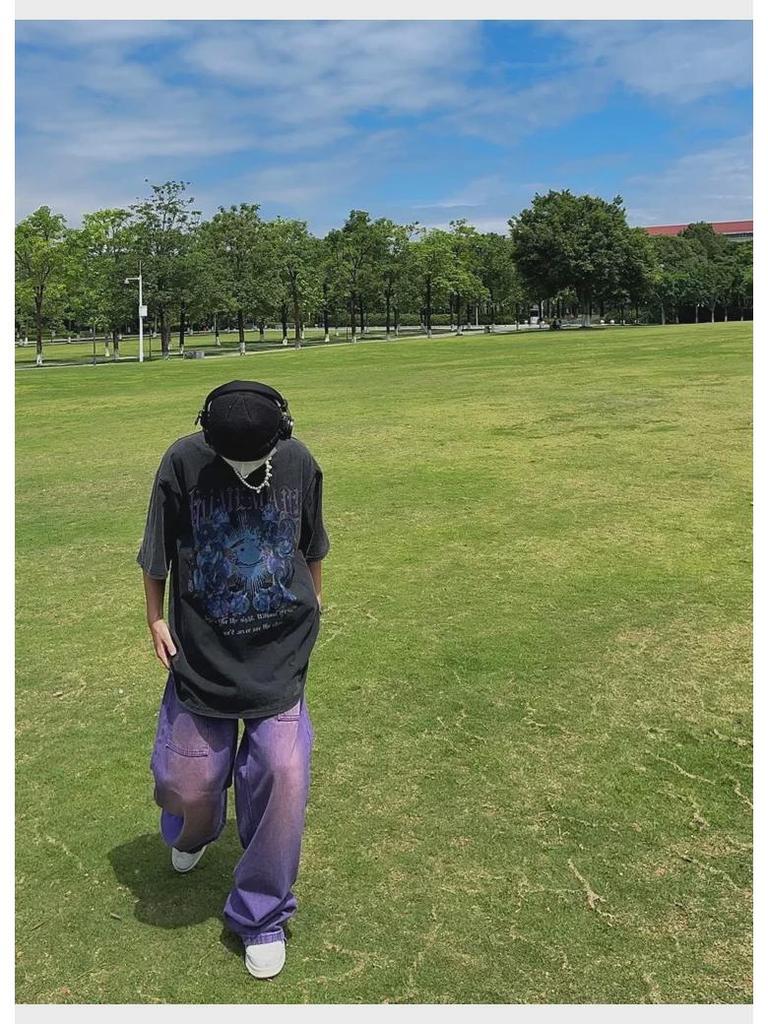 2023 Мужские джинсы в стиле ретро с широкими штанинами фиолетового цвета - Американская уличная мода в стиле хип-хоп