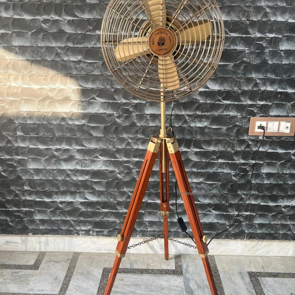 Brown Antique Finish Pedestal Fan On Adjustable Wood Tripod | Stylish Electric Floor Fan |Unique Home Decor Accent Nautical Modern Twist Fan