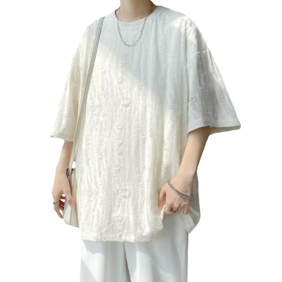 Летняя мужская футболка с рваными отверстиями, короткими рукавами и круглым вырезом, свободная ретро-пуловер в стиле High Street, однотонная, средней длины, мягкая повседневная футболка для подростков