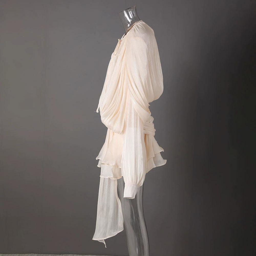 Puff Sleeve Ruffled Short Skirt Spring Summer and Autumn Pleated Design Mesh Short Dress Women