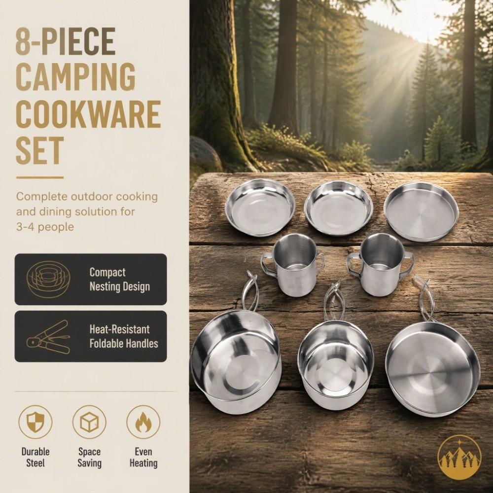8 Pcs Stackable Camping Mess Kit 3-4 Person Backpacking Cooking Pot Compact Cookware Set  Outdoor