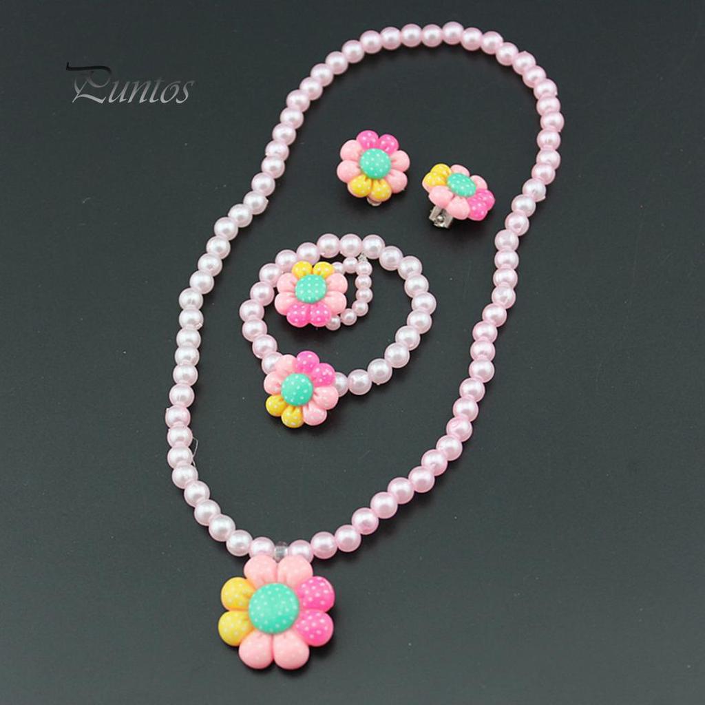 Цветок Искусственный жемчуг Дети Девушки Серьги Браслет Ожерелье Кольцо Комплект ювелирных изделий