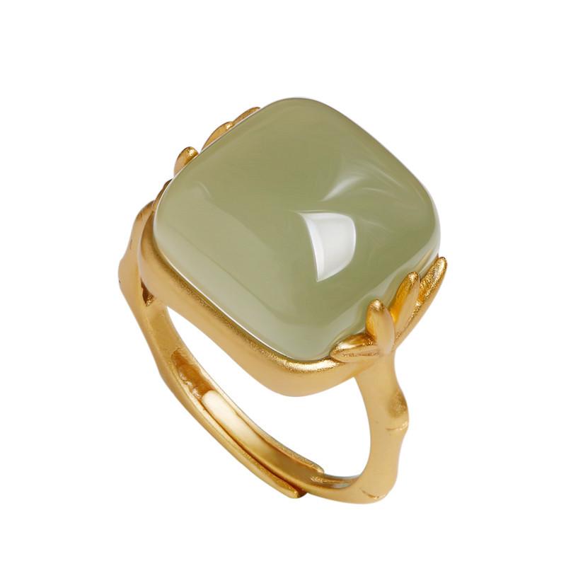 Hetian Jade Cloud Ring: Elegant Women's Open Chalcedony Jadeite with Retro Bamboo Design