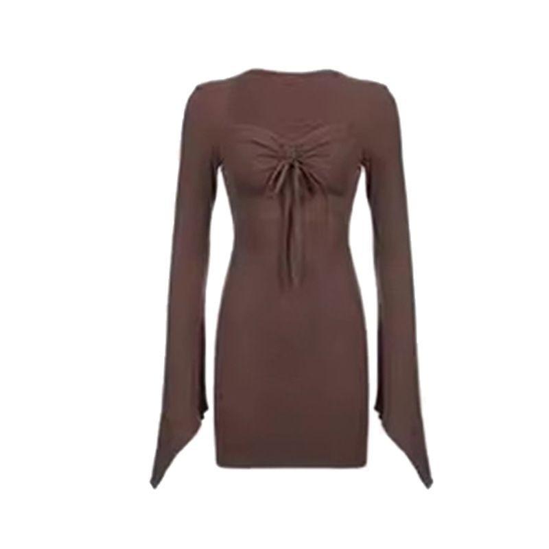 Pure desire style sexy square neck dress women's clothing autumn inside with Maillard beautiful little mother style waist hip skirt