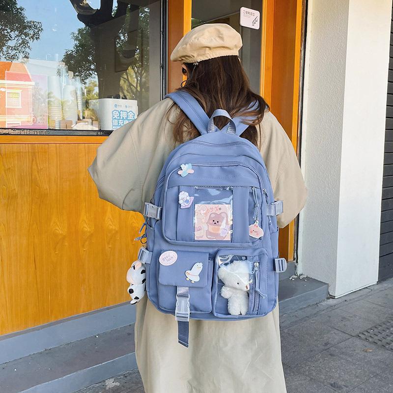 Girls Backpack Cute School Bags for Student Teens Girls Pockets Women Laptop Backpack Harajuku Pendant Backpack Cartoon Cute Badge Bear Bag