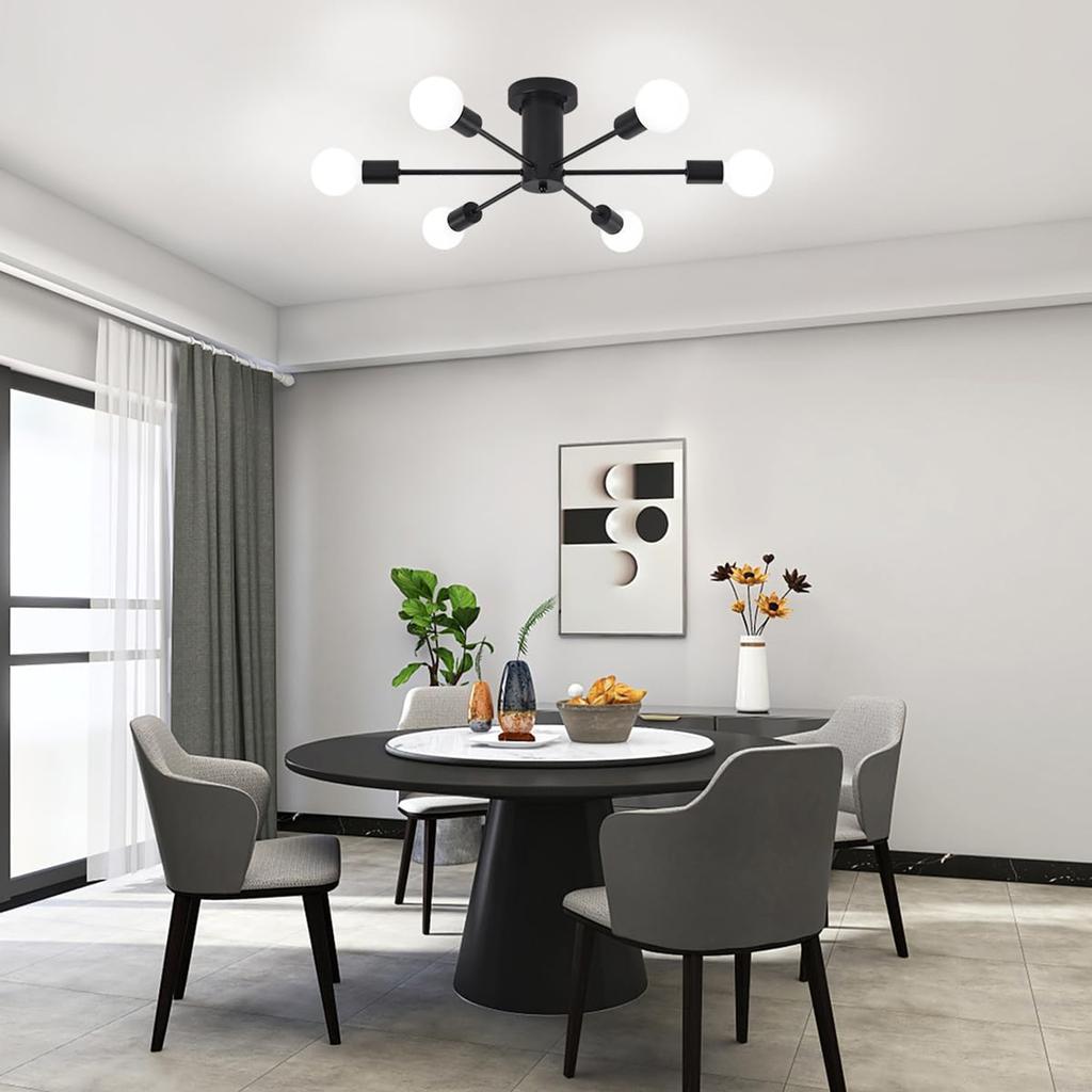 6-Lights Modern Chandelier Ceiling Light Black Industrial Semi Flush Mount Celing Light Fixture for