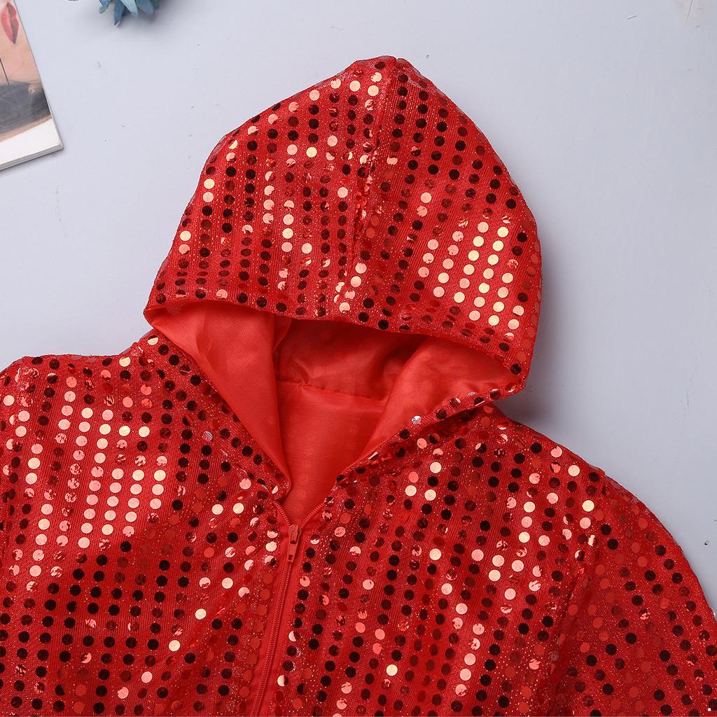 Kids Boys Girls Sparkly Sequins Long Sleeve Hip Hop Jazz Street Dance Costumes Long Sleeve Hooded Jacket Pants Set
