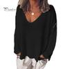 Women T-shirt V-Neck Long Sleeve Loose Fit Tee Shirt Solid Color Breathable Casual Pullover Tops Daily Wear