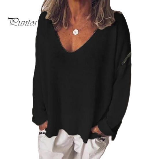 Women T-shirt V-Neck Long Sleeve Loose Fit Tee Shirt Solid Color Breathable Casual Pullover Tops Daily Wear