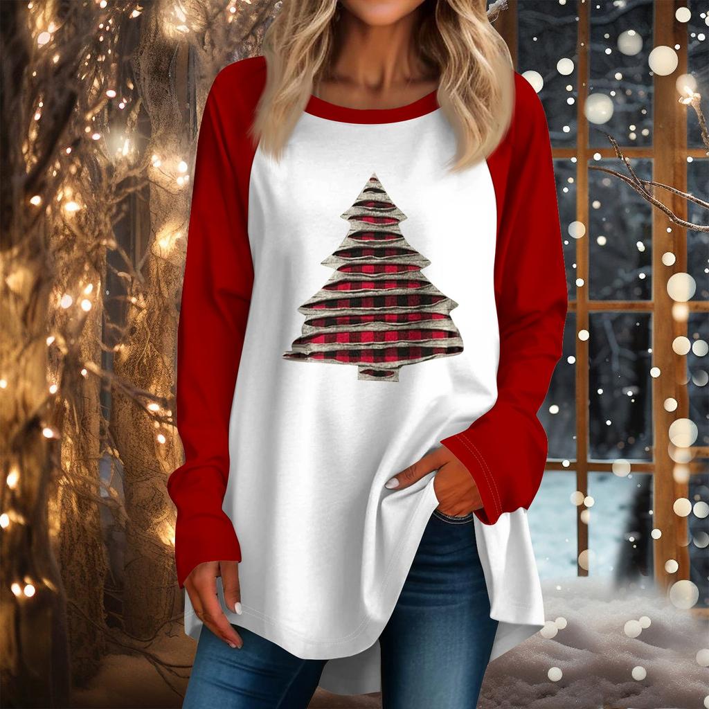 Женская повседневная футболка больших размеров с длинными рукавами и круглым вырезом с рождественским принтом, топ, пуловер