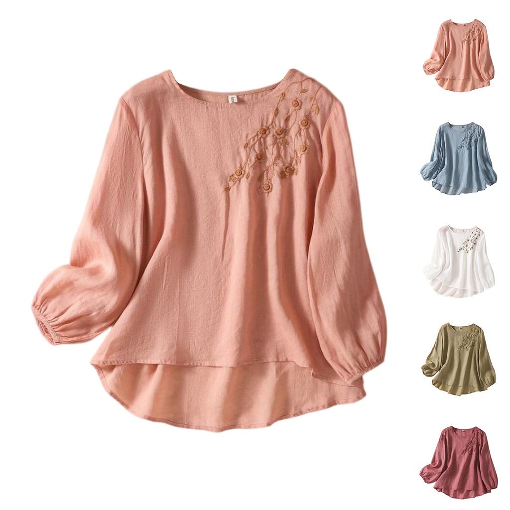 Женская однотонная хлопковая и льняная футболка с длинными рукавами и вышивкой в стиле ретро с дышащей тканью и круглым вырезом