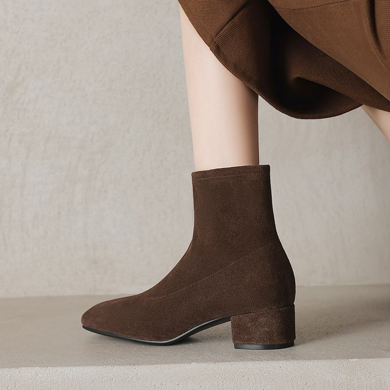 Krazing Pot Cow Suede Winter Med Heels Chelsea Boots Square Toe Women Zipper Size 43 Ankle Boots