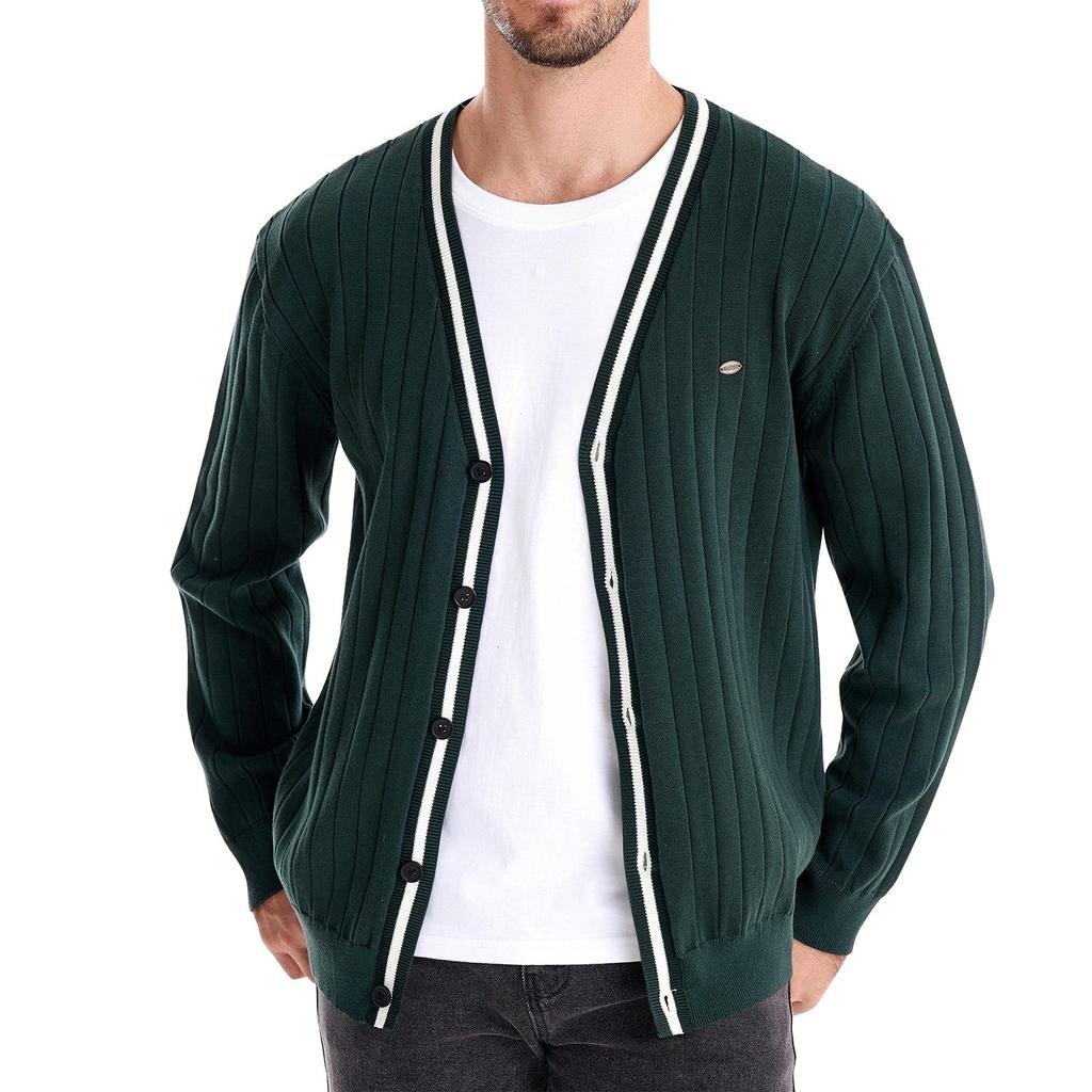 Men's Winter V-neck Long Sleeve Contrast Color Trimming Jacket Men's Loose Solid Color Knitted Cardigan