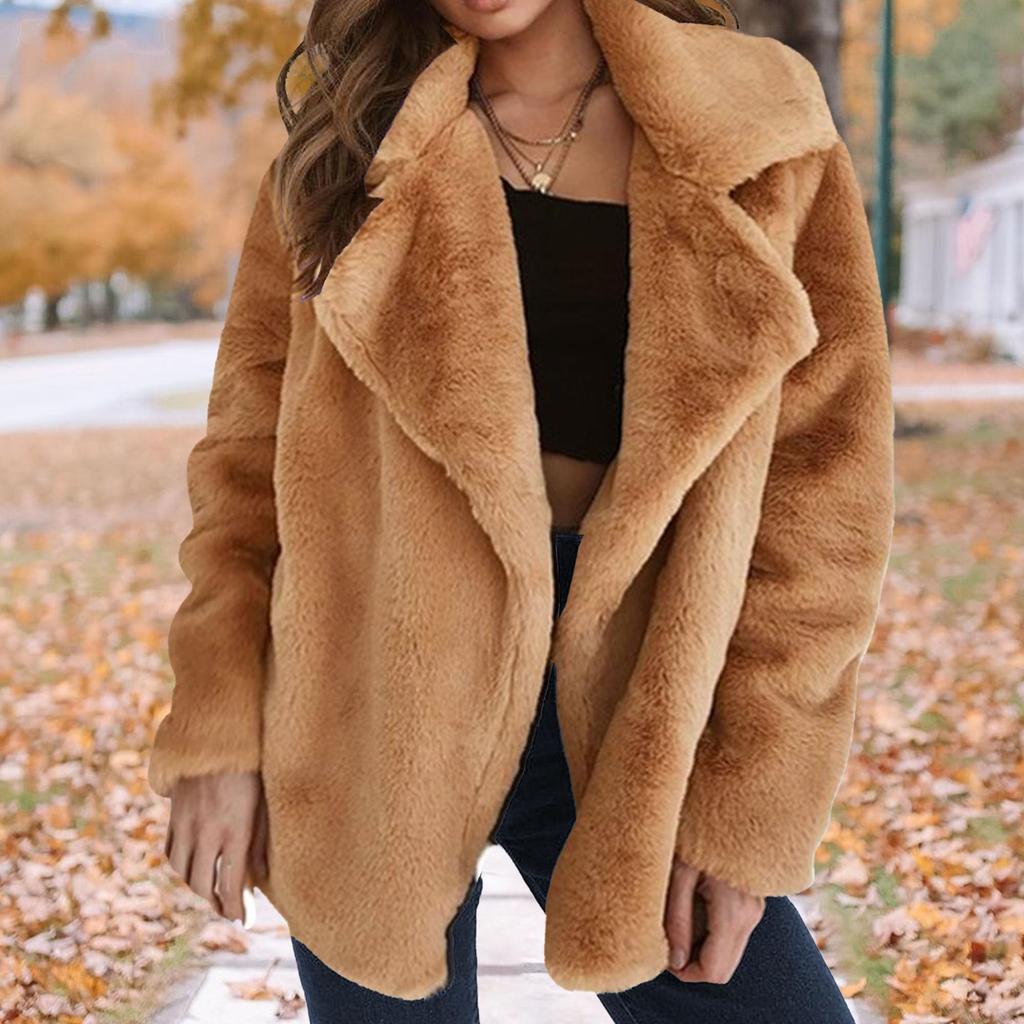 Женское модное однотонное плюшевое пальто средней длины с лацканами