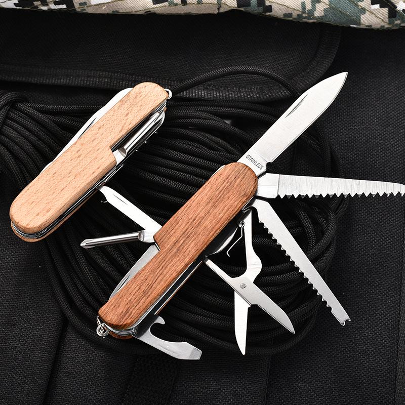 Многофункциональный карманный нож из нержавеющей стали 11-в-1 для активного отдыха с деревянной рукояткой