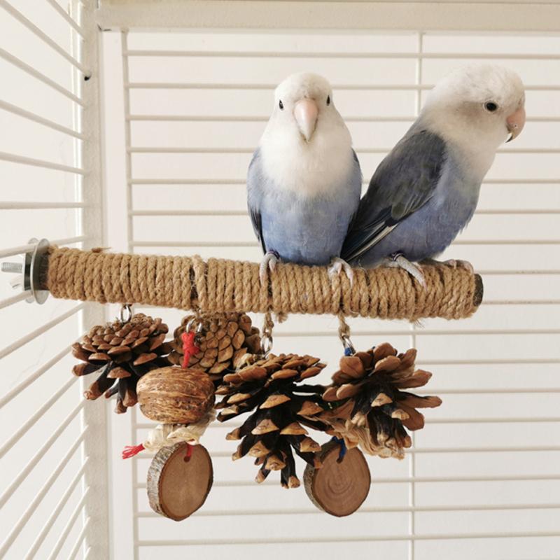 Parrot Natural Wooden Standing Perches Weaving Jute Twine Standing Pole Bird Chewing Toy Cage