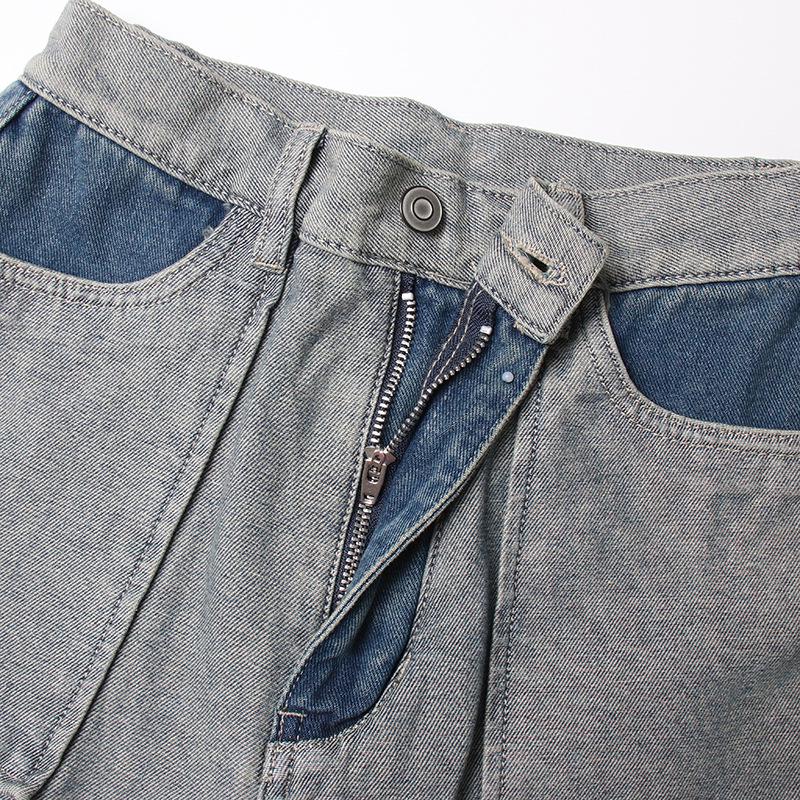 Весна 2025 г. Узкие джинсовые брюки с высокой талией и цветными блоками — европейский и американский стиль