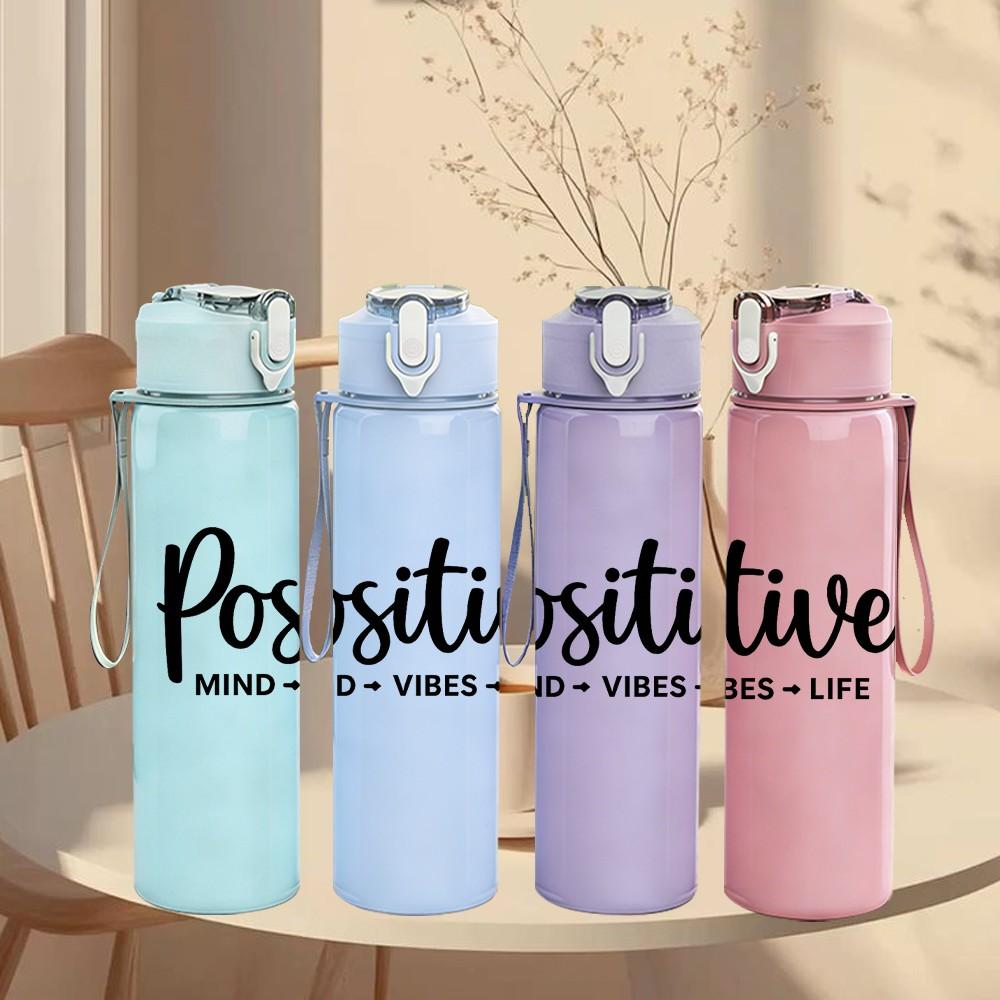 1PC Positive Mind Vibes Life Slogan Text Print 750ml Color Plastic Sports Water Bottle Leakproof Flip Straw Lid Suitable for Sports Office Home Use