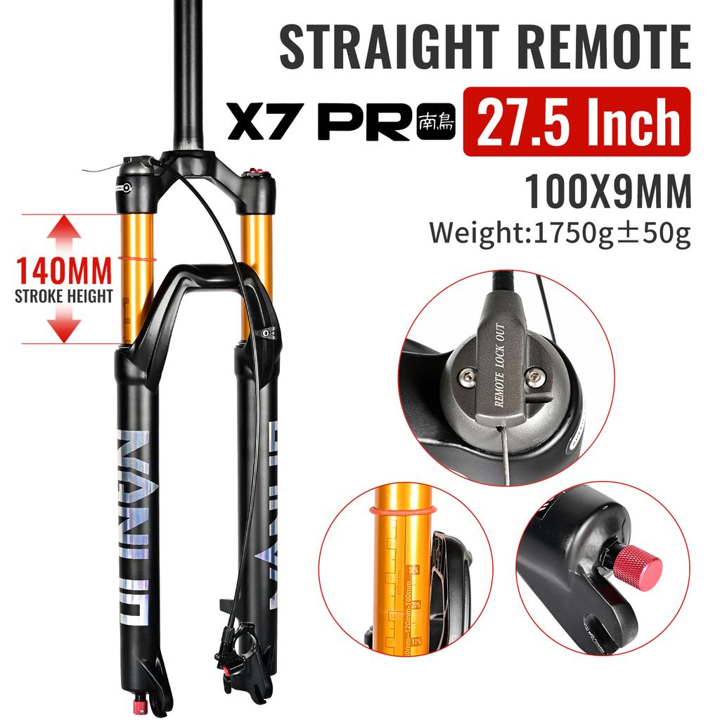 NANLIO X7 PRO Пружинно-воздушная вилка для горного велосипеда 26 27.5 29 дюймов Ход 120 140 мм Регулировка отскока Металлические втулки Черно-золотая вилка для велосипеда